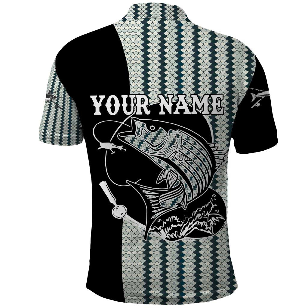 Striped Bass Jumping Graphic Polo Shirt Rod Reel and Airplane on Fish Scale Pattern TS04