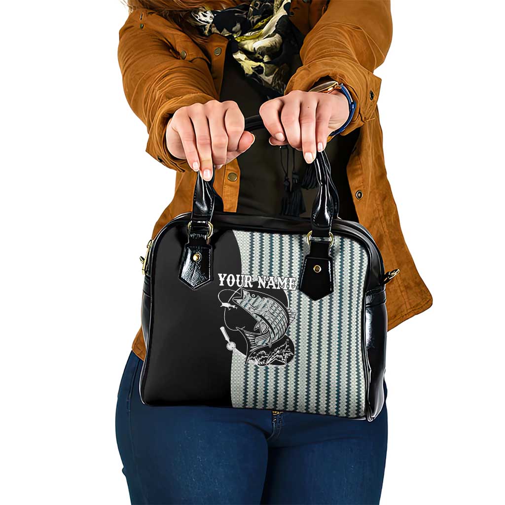 Striped Bass Jumping Graphic Shoulder Handbag Rod Reel and Airplane on Fish Scale Pattern TS04