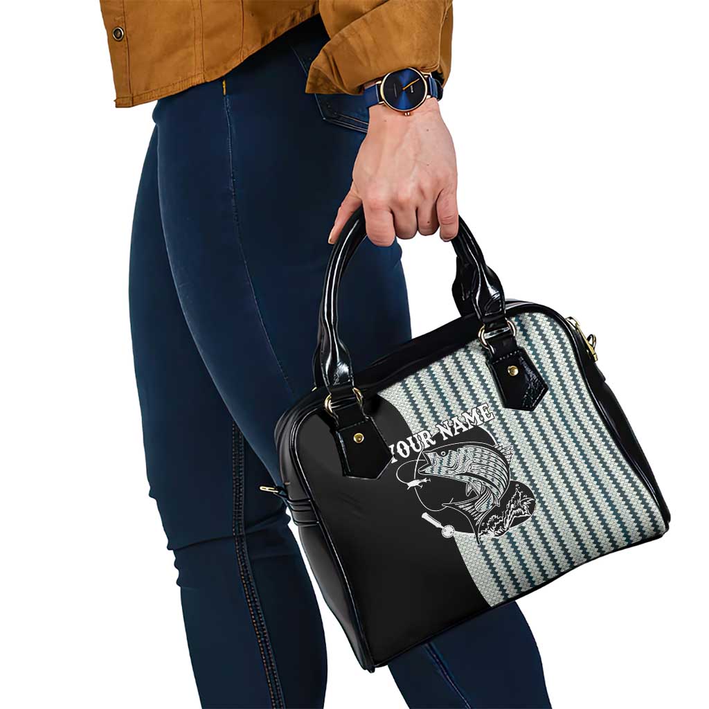 Striped Bass Jumping Graphic Shoulder Handbag Rod Reel and Airplane on Fish Scale Pattern TS04