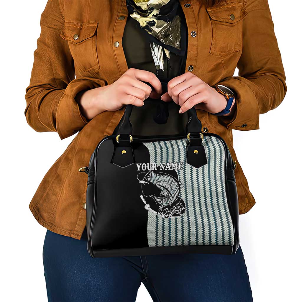 Striped Bass Jumping Graphic Shoulder Handbag Rod Reel and Airplane on Fish Scale Pattern TS04