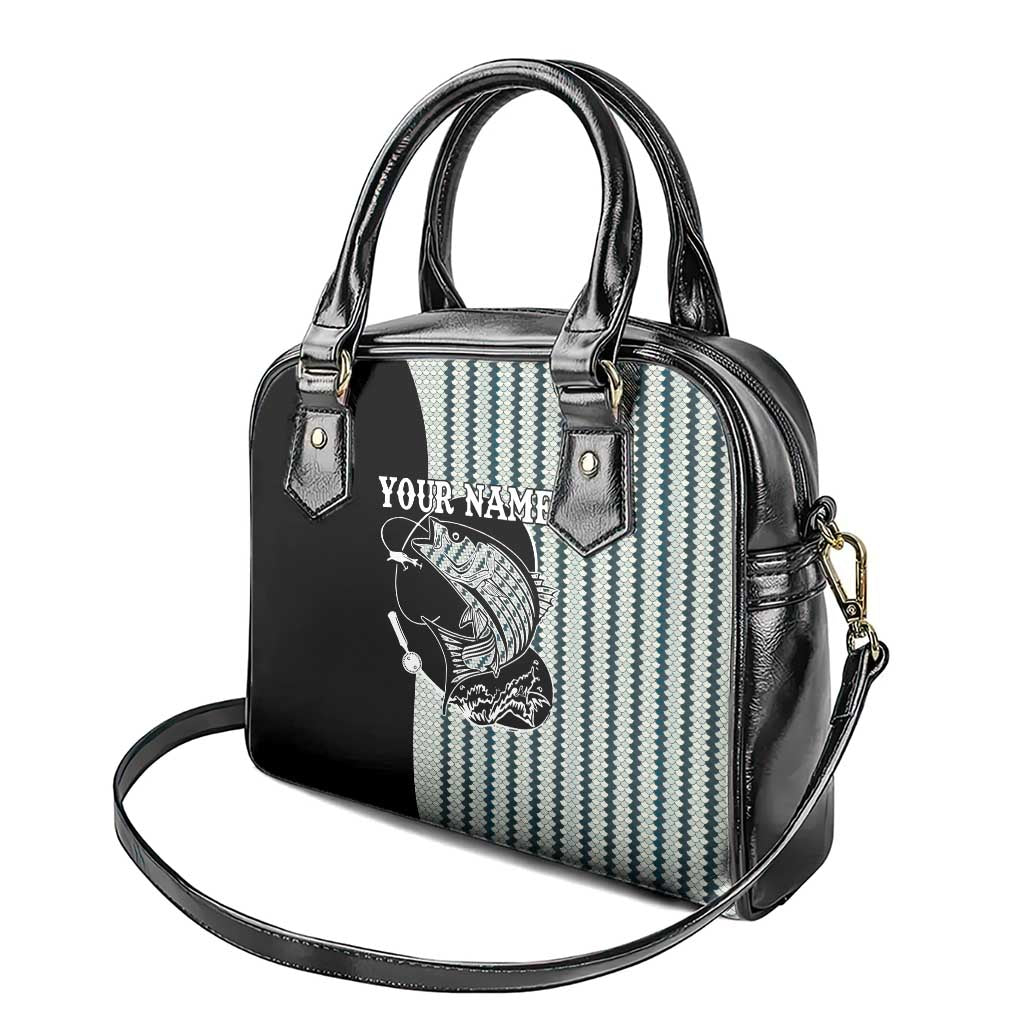 Striped Bass Jumping Graphic Shoulder Handbag Rod Reel and Airplane on Fish Scale Pattern TS04