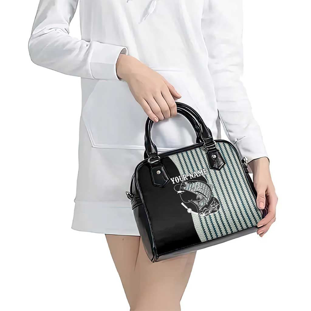 Striped Bass Jumping Graphic Shoulder Handbag Rod Reel and Airplane on Fish Scale Pattern TS04