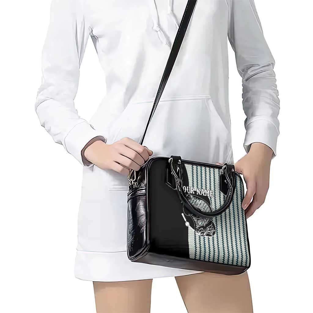 Striped Bass Jumping Graphic Shoulder Handbag Rod Reel and Airplane on Fish Scale Pattern TS04