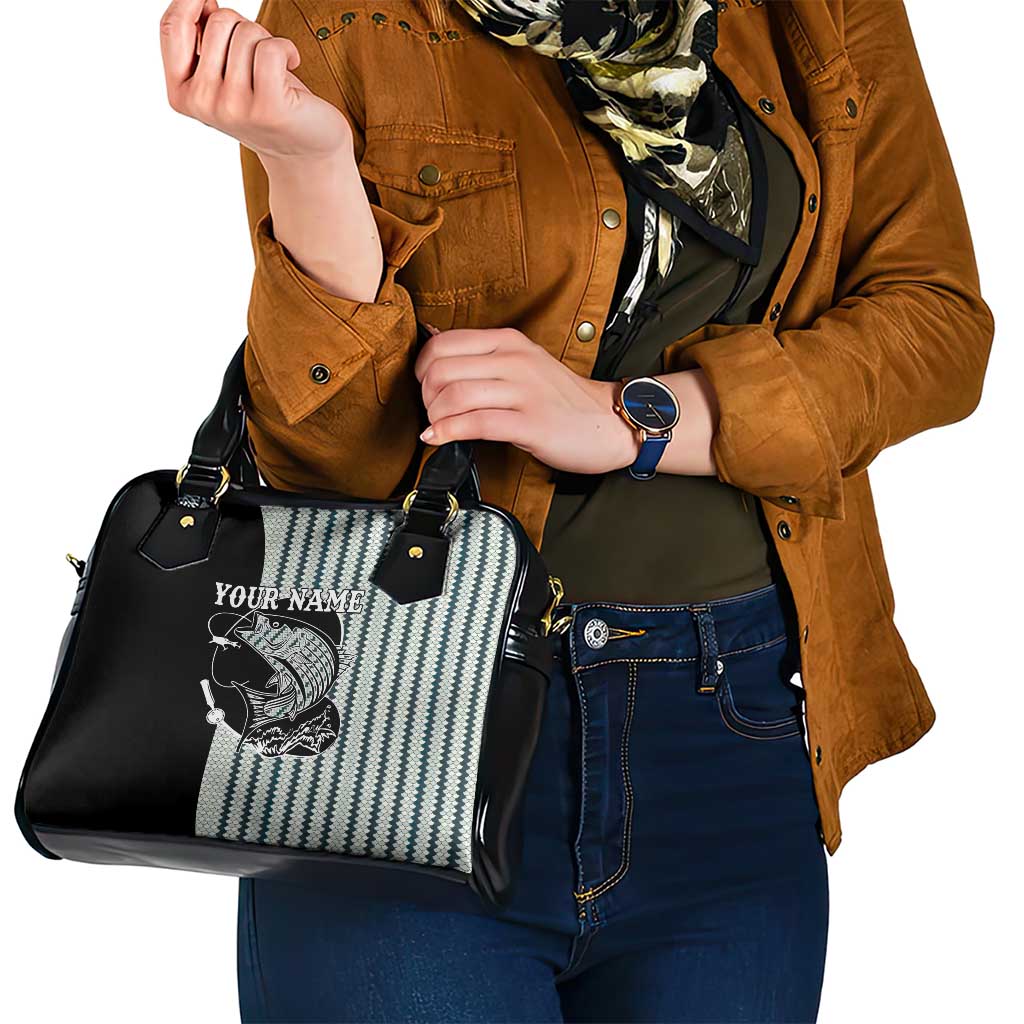 Striped Bass Jumping Graphic Shoulder Handbag Rod Reel and Airplane on Fish Scale Pattern TS04