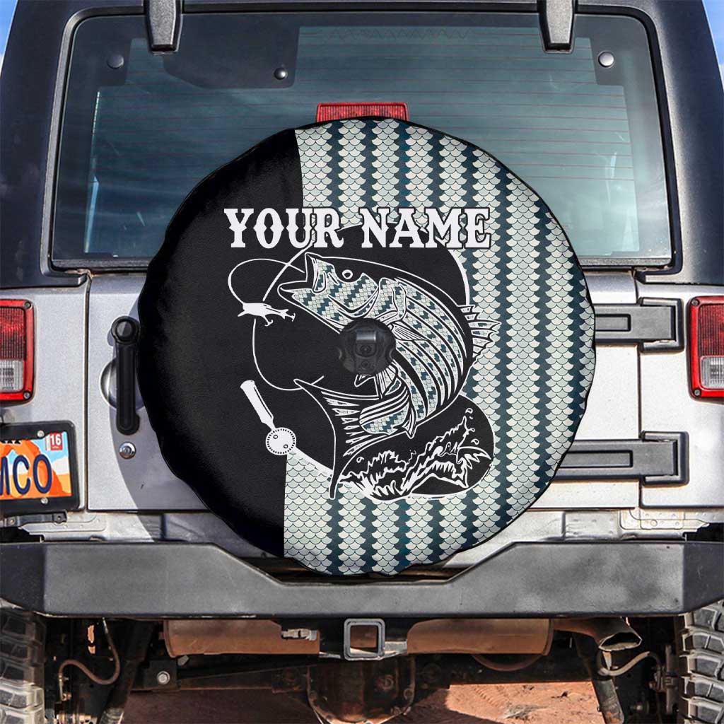Striped Bass Jumping Graphic Spare Tire Cover Rod Reel and Airplane on Fish Scale Pattern TS04