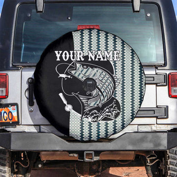 Striped Bass Jumping Graphic Spare Tire Cover Rod Reel and Airplane on Fish Scale Pattern TS04
