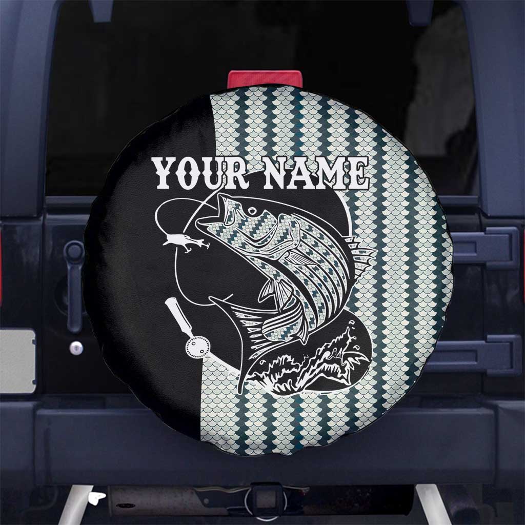 Striped Bass Jumping Graphic Spare Tire Cover Rod Reel and Airplane on Fish Scale Pattern TS04