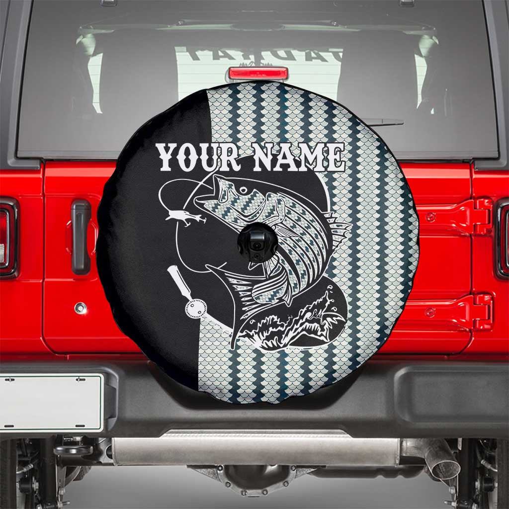 Striped Bass Jumping Graphic Spare Tire Cover Rod Reel and Airplane on Fish Scale Pattern TS04