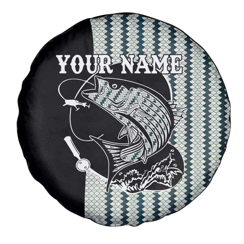 Striped Bass Jumping Graphic Spare Tire Cover Rod Reel and Airplane on Fish Scale Pattern TS04