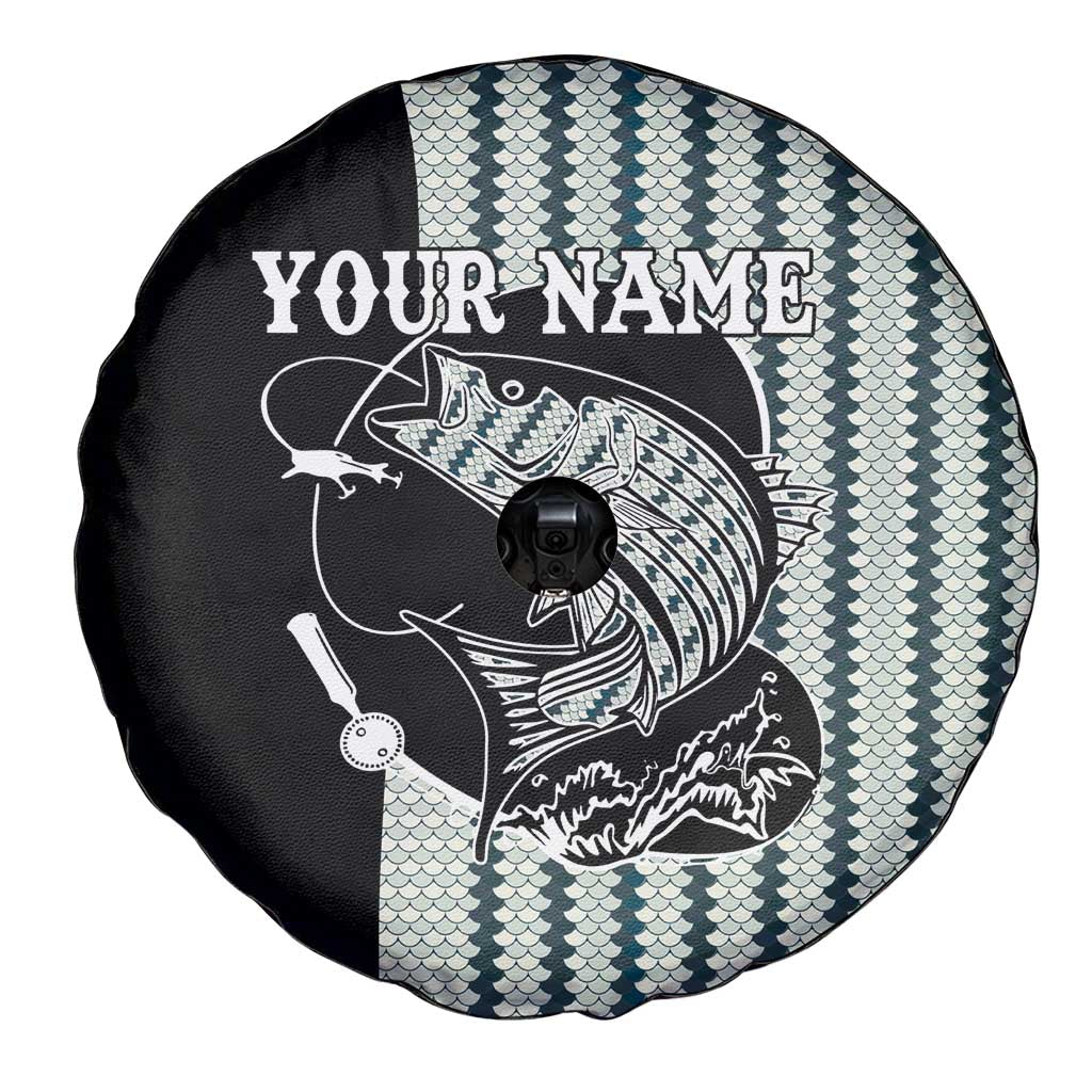 Striped Bass Jumping Graphic Spare Tire Cover Rod Reel and Airplane on Fish Scale Pattern TS04