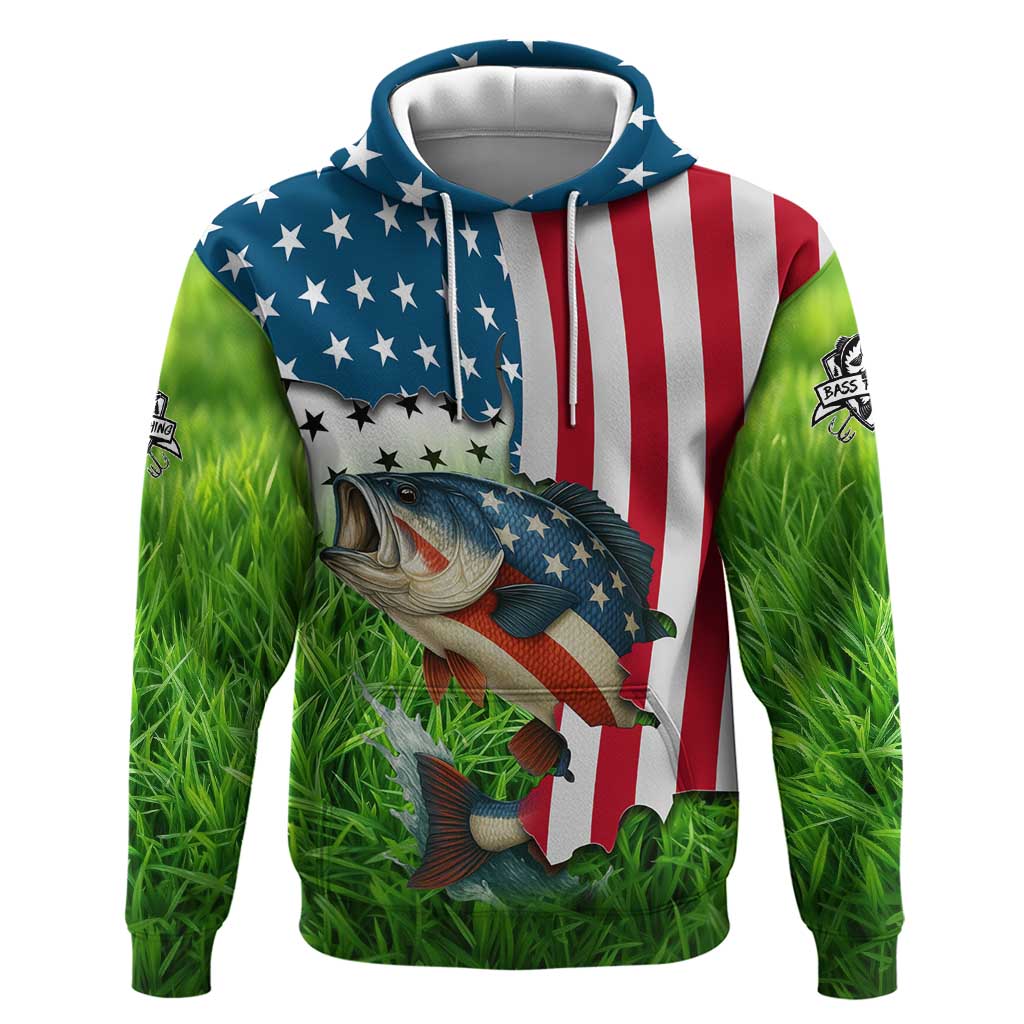 American Flag Bass Fishing Design Hoodie with Largemouth Bass and Green Grass Background TS04