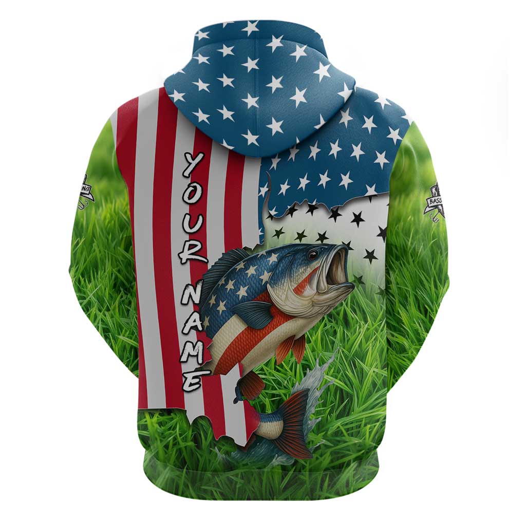 American Flag Bass Fishing Design Hoodie with Largemouth Bass and Green Grass Background TS04