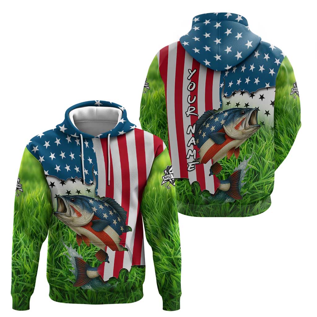American Flag Bass Fishing Design Hoodie with Largemouth Bass and Green Grass Background TS04
