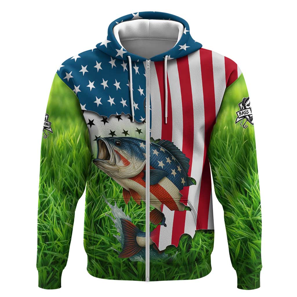 American Flag Bass Fishing Design Hoodie with Largemouth Bass and Green Grass Background TS04