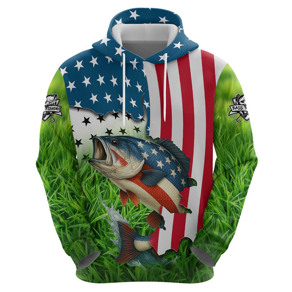 American Flag Bass Fishing Design Hoodie with Largemouth Bass and Green Grass Background TS04