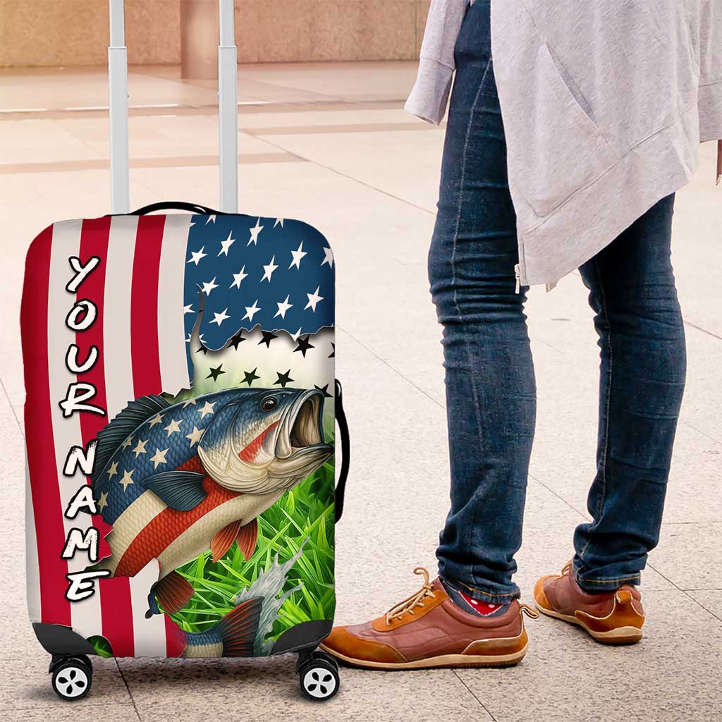 American Flag Bass Fishing Design Luggage Cover with Largemouth Bass and Green Grass Background TS04