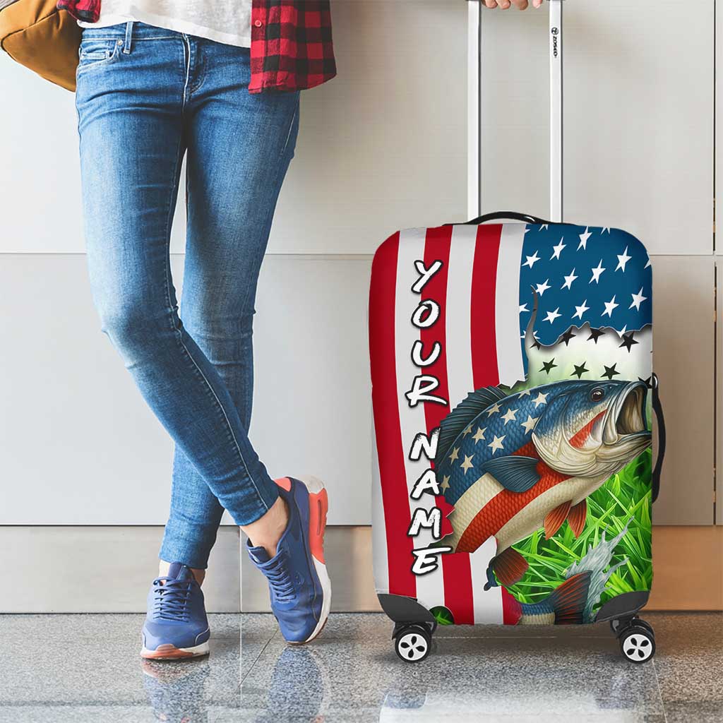 American Flag Bass Fishing Design Luggage Cover with Largemouth Bass and Green Grass Background TS04