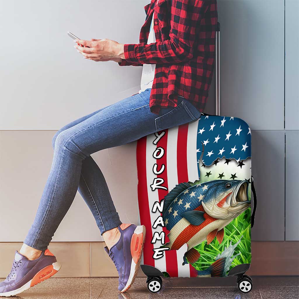 American Flag Bass Fishing Design Luggage Cover with Largemouth Bass and Green Grass Background TS04