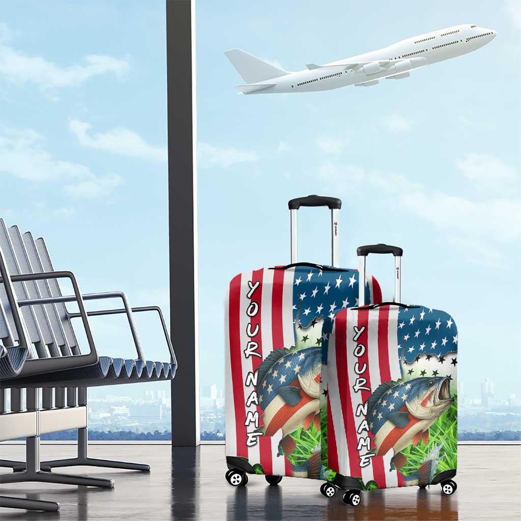American Flag Bass Fishing Design Luggage Cover with Largemouth Bass and Green Grass Background TS04