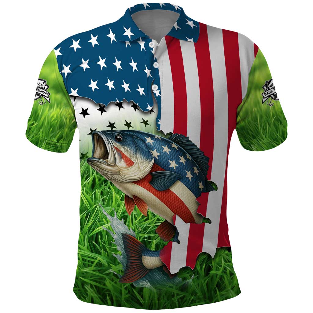 American Flag Bass Fishing Design Polo Shirt with Largemouth Bass and Green Grass Background TS04