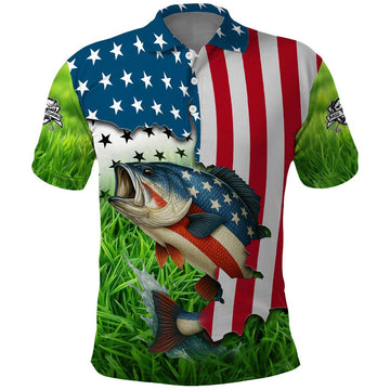 American Flag Bass Fishing Design Polo Shirt with Largemouth Bass and Green Grass Background TS04