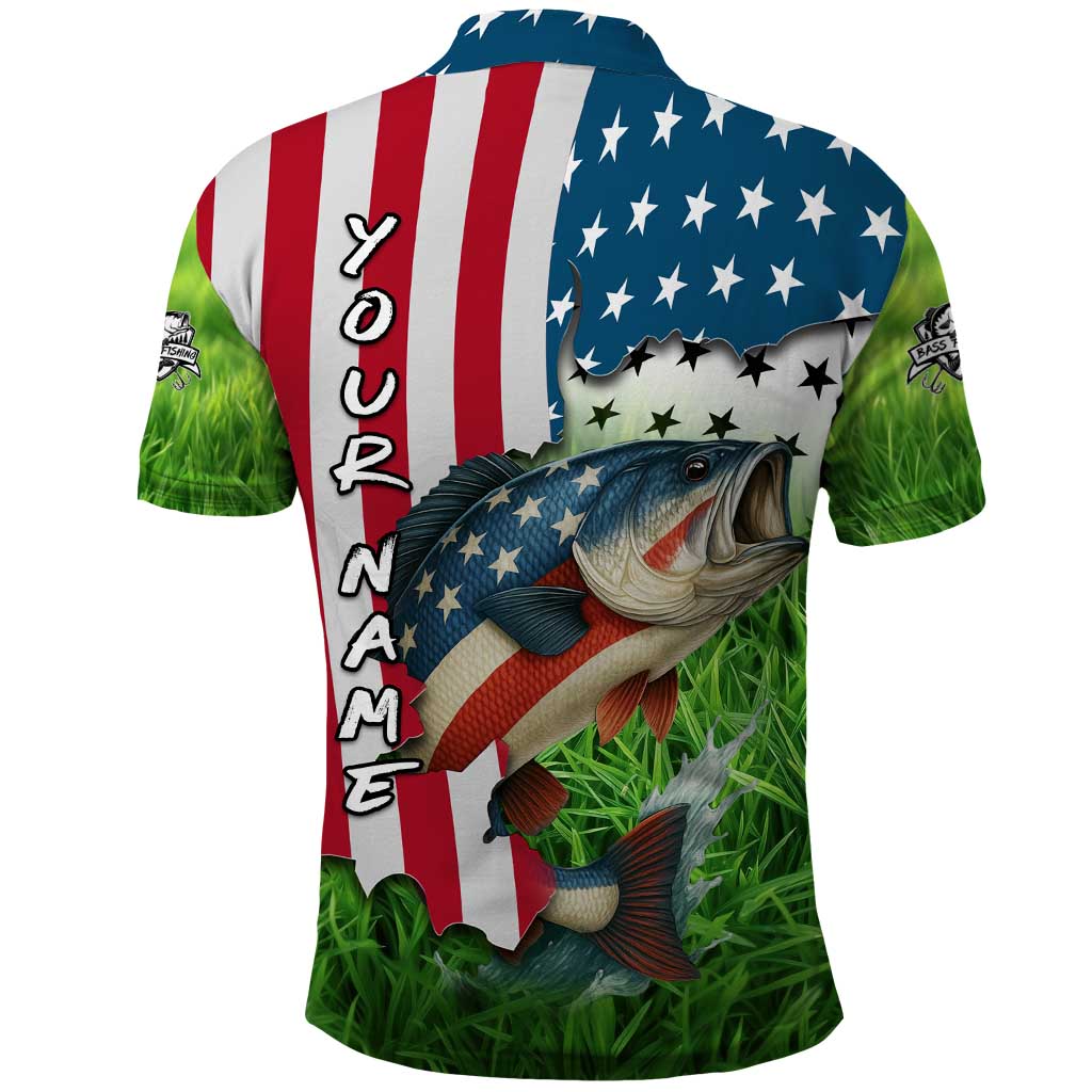 American Flag Bass Fishing Design Polo Shirt with Largemouth Bass and Green Grass Background TS04