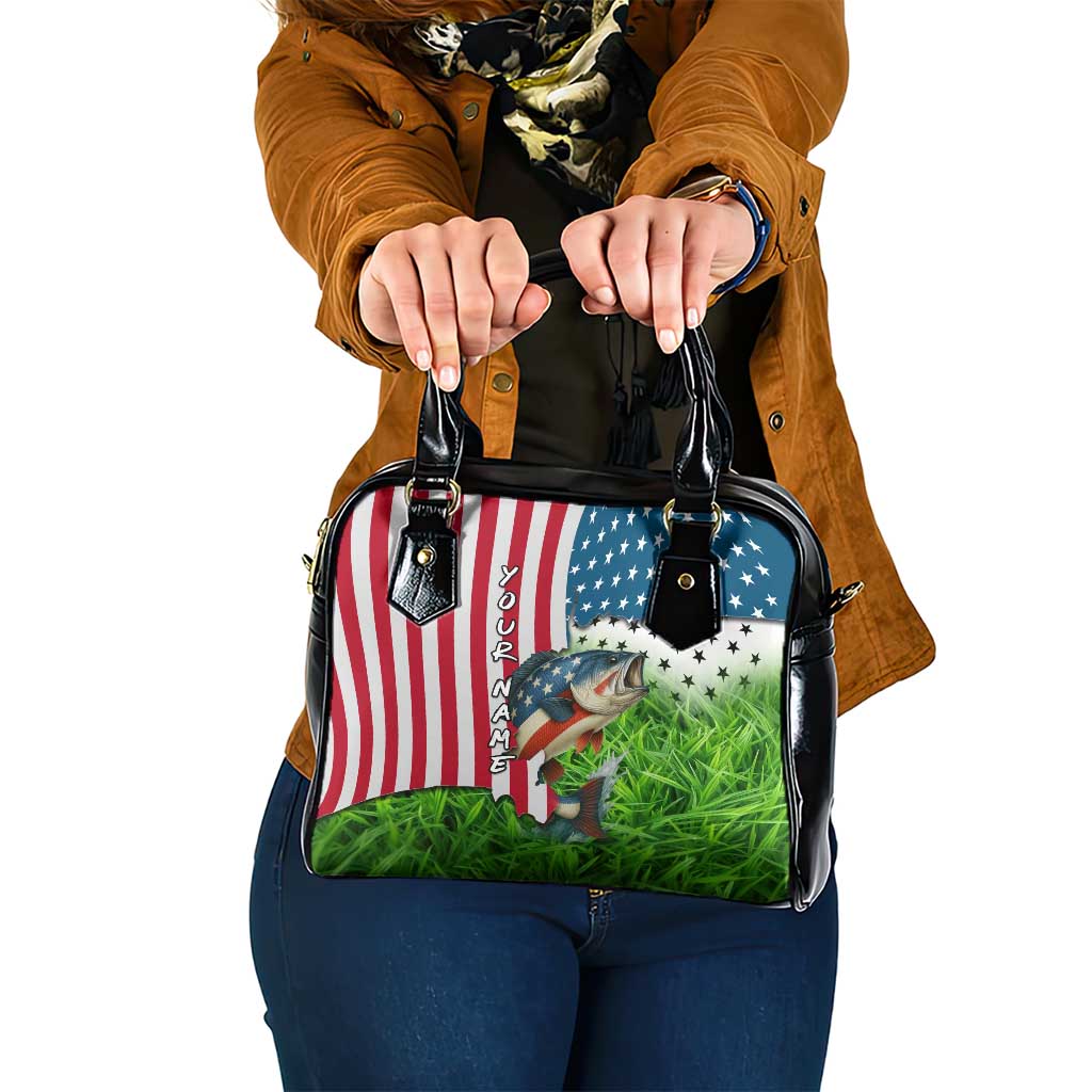 American Flag Bass Fishing Design Shoulder Handbag with Largemouth Bass and Green Grass Background TS04