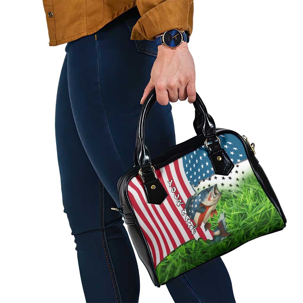 American Flag Bass Fishing Design Shoulder Handbag with Largemouth Bass and Green Grass Background TS04