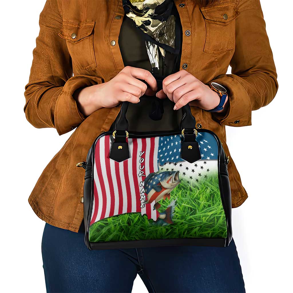 American Flag Bass Fishing Design Shoulder Handbag with Largemouth Bass and Green Grass Background TS04