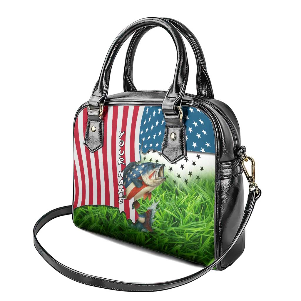 American Flag Bass Fishing Design Shoulder Handbag with Largemouth Bass and Green Grass Background TS04