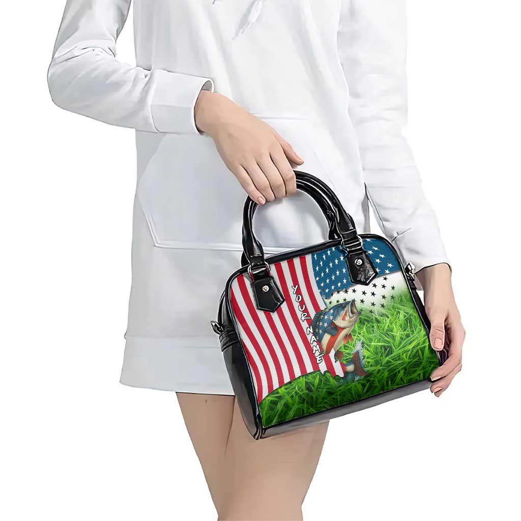 American Flag Bass Fishing Design Shoulder Handbag with Largemouth Bass and Green Grass Background TS04