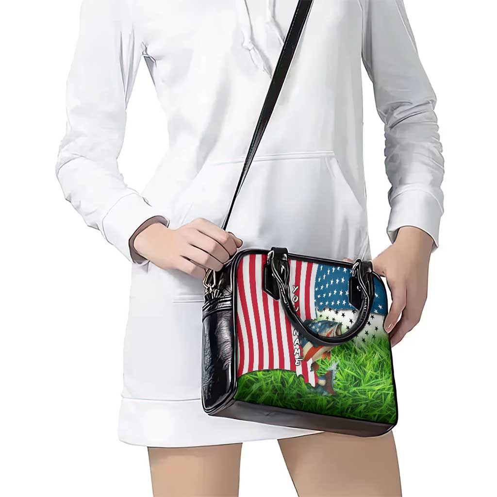 American Flag Bass Fishing Design Shoulder Handbag with Largemouth Bass and Green Grass Background TS04