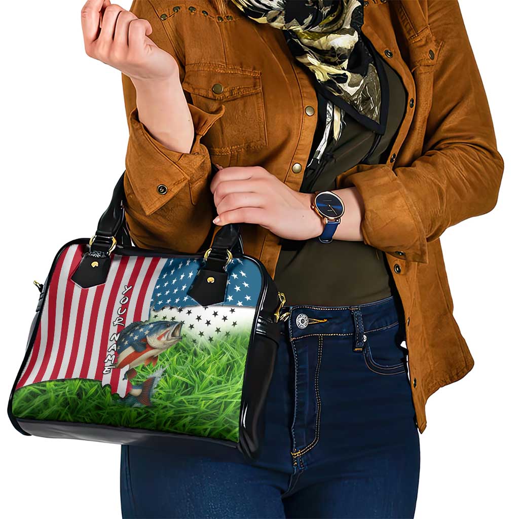 American Flag Bass Fishing Design Shoulder Handbag with Largemouth Bass and Green Grass Background TS04