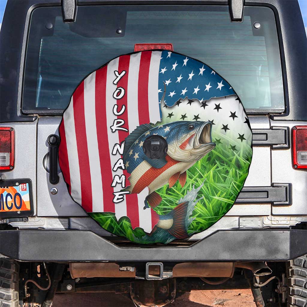American Flag Bass Fishing Design Spare Tire Cover with Largemouth Bass and Green Grass Background TS04