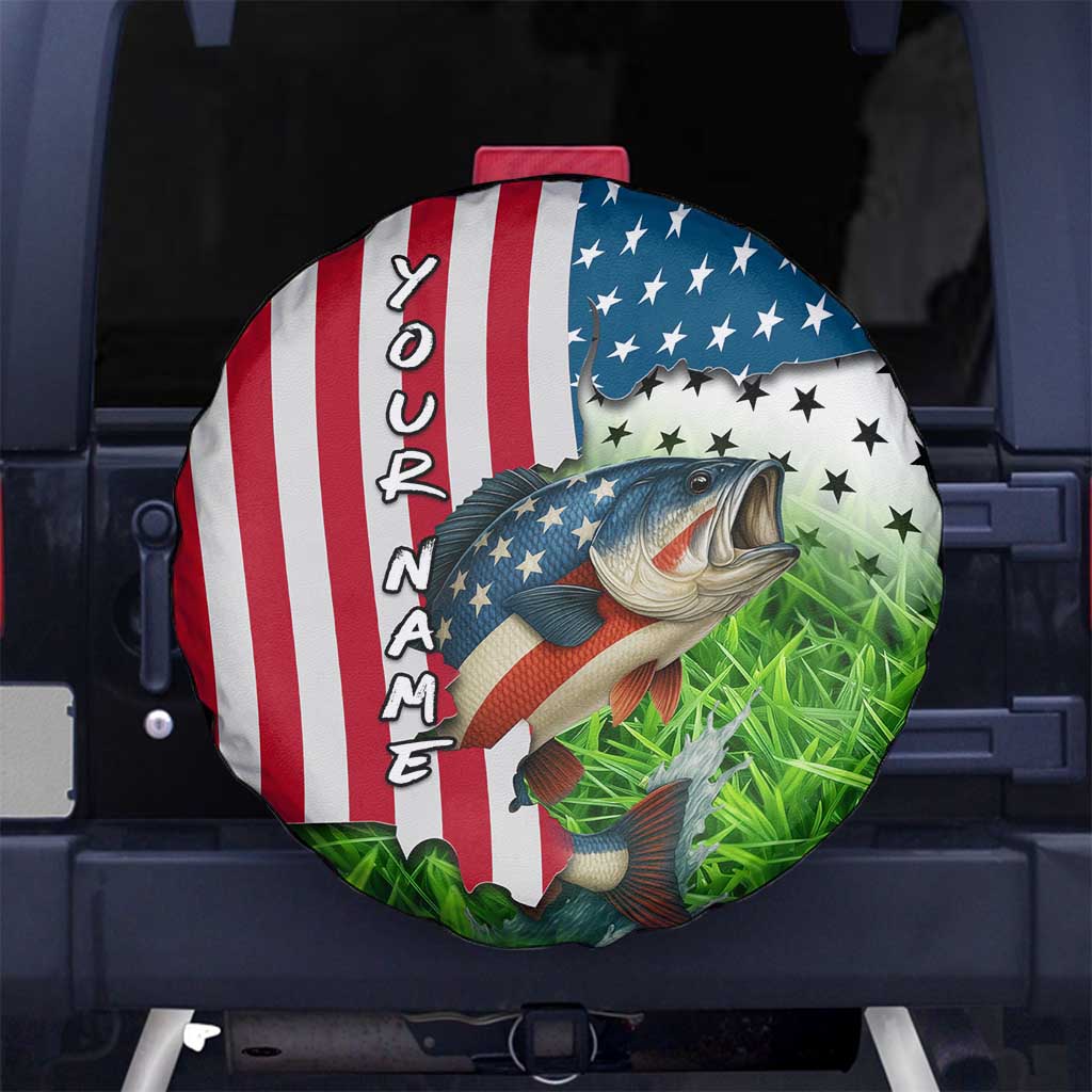 American Flag Bass Fishing Design Spare Tire Cover with Largemouth Bass and Green Grass Background TS04