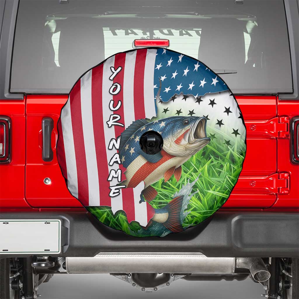 American Flag Bass Fishing Design Spare Tire Cover with Largemouth Bass and Green Grass Background TS04