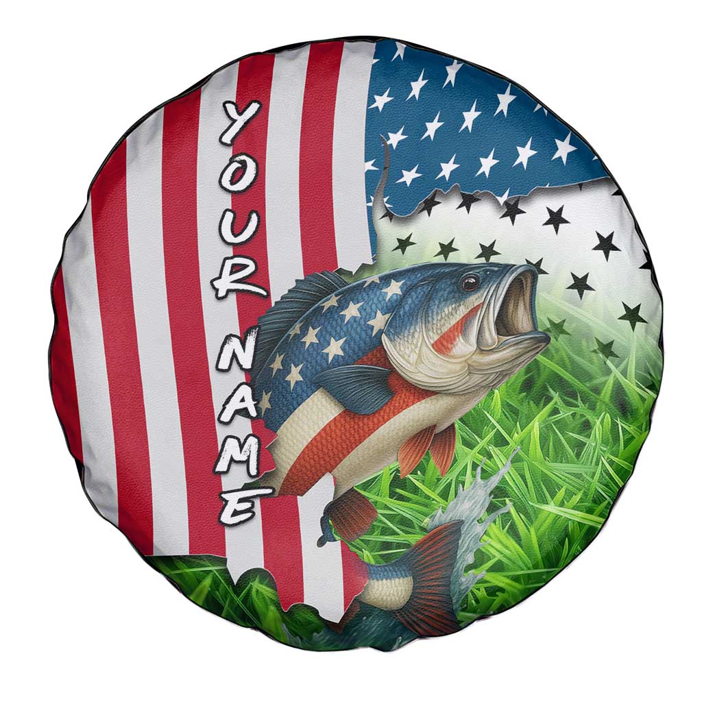 American Flag Bass Fishing Design Spare Tire Cover with Largemouth Bass and Green Grass Background TS04