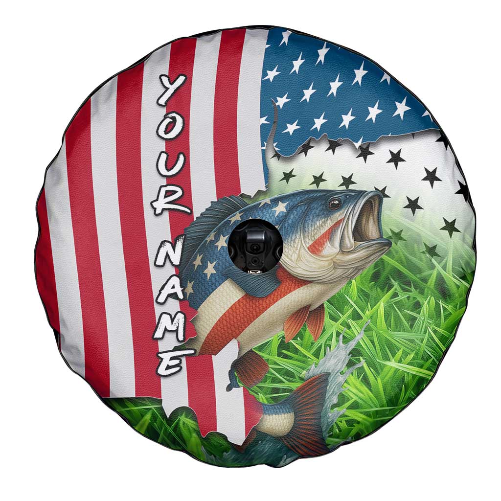 American Flag Bass Fishing Design Spare Tire Cover with Largemouth Bass and Green Grass Background TS04