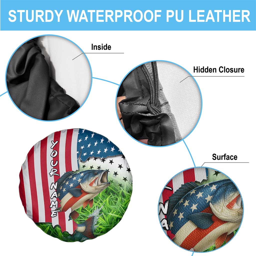 American Flag Bass Fishing Design Spare Tire Cover with Largemouth Bass and Green Grass Background TS04