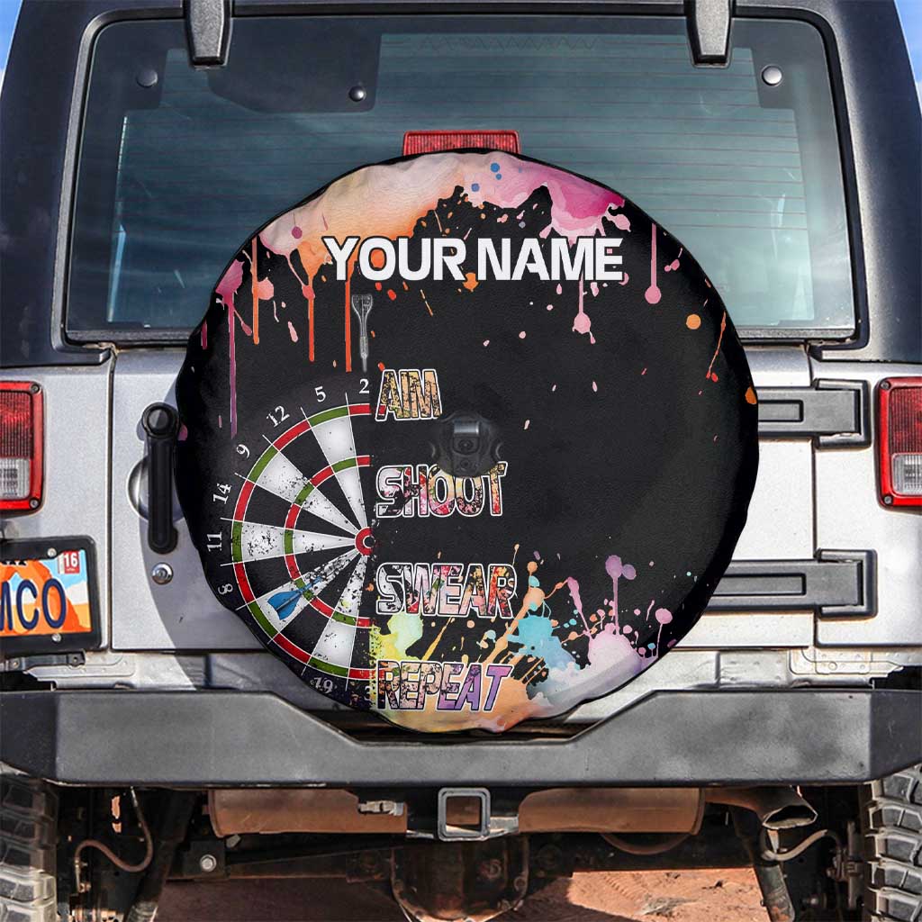 Dartboard and Colorful Paint Splash Darts Spare Tire Cover with Aim Shoot Swear Repeat Quote Custom Name TS04
