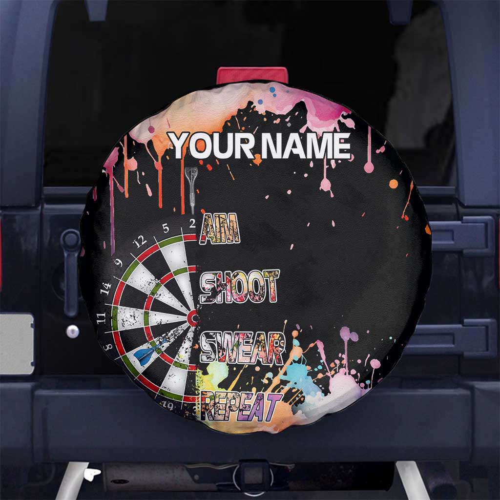 Dartboard and Colorful Paint Splash Darts Spare Tire Cover with Aim Shoot Swear Repeat Quote Custom Name TS04