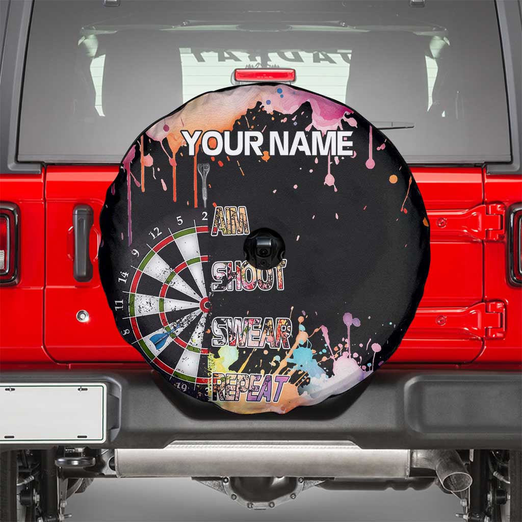 Dartboard and Colorful Paint Splash Darts Spare Tire Cover with Aim Shoot Swear Repeat Quote Custom Name TS04