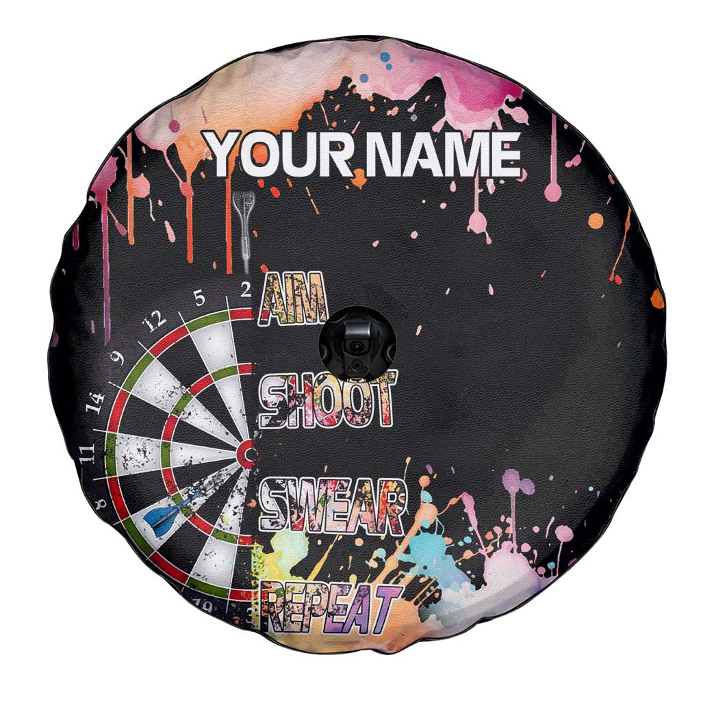 Dartboard and Colorful Paint Splash Darts Spare Tire Cover with Aim Shoot Swear Repeat Quote Custom Name TS04