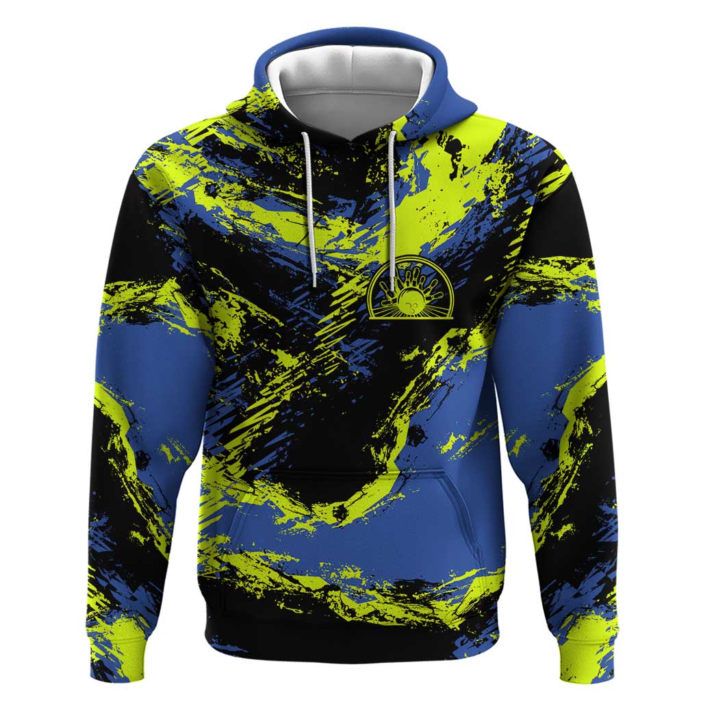 Abstract Blue and Yellow Bowling Ball Strike Design Hoodie with Custom Name Print TS04
