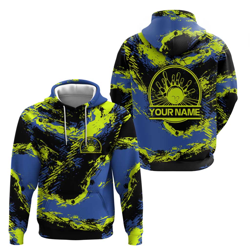 Abstract Blue and Yellow Bowling Ball Strike Design Hoodie with Custom Name Print TS04