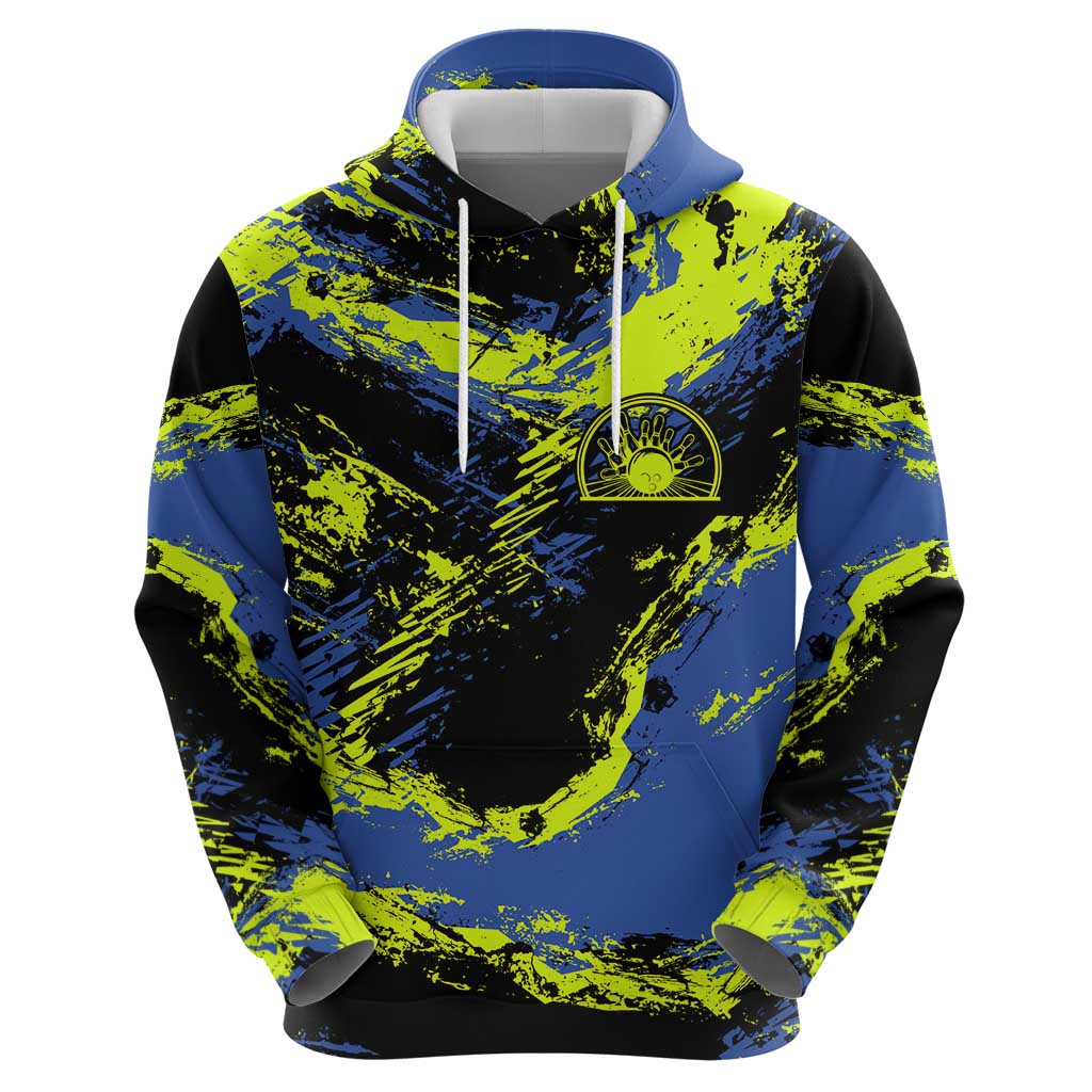 Abstract Blue and Yellow Bowling Ball Strike Design Hoodie with Custom Name Print TS04