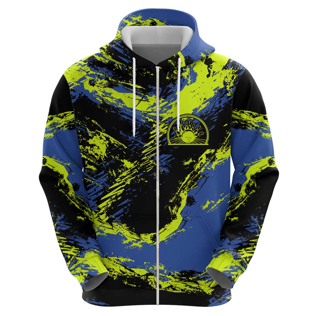 Abstract Blue and Yellow Bowling Ball Strike Design Hoodie with Custom Name Print TS04