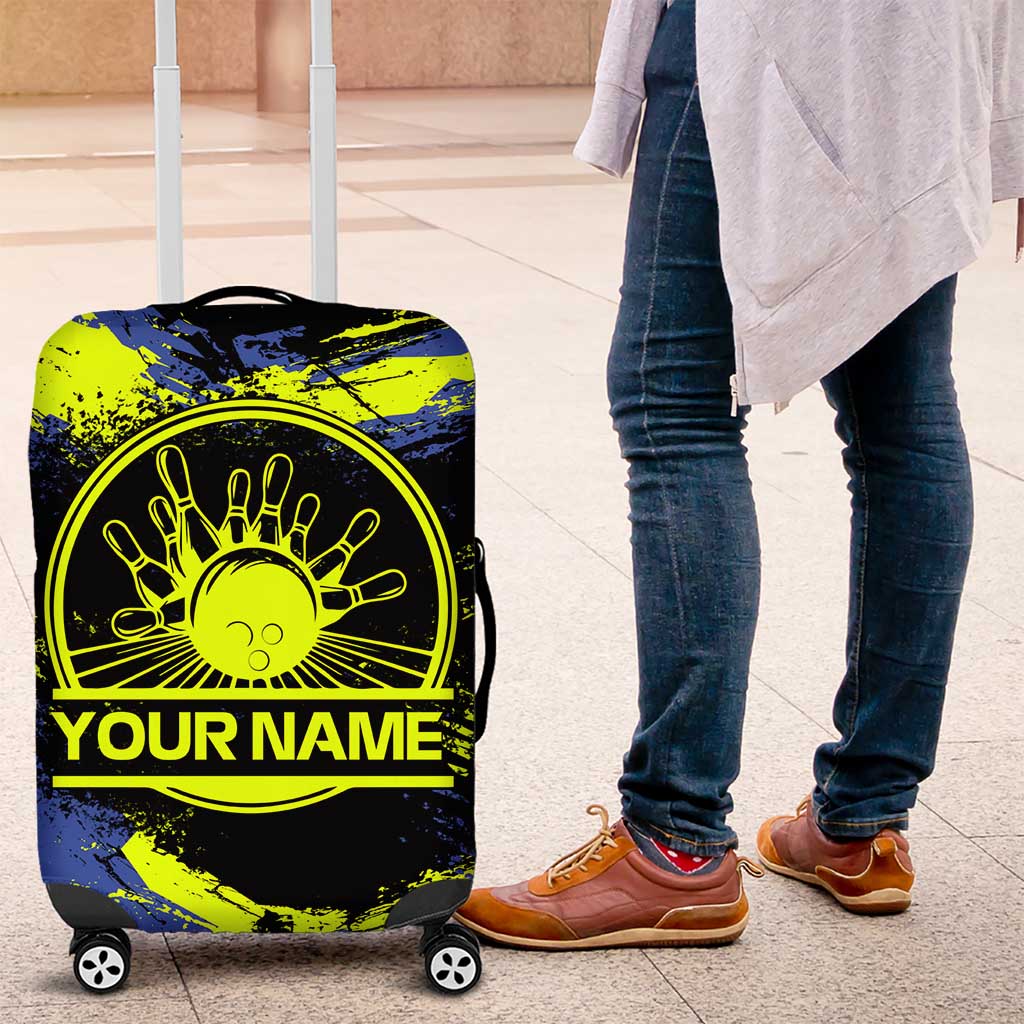 Abstract Blue and Yellow Bowling Ball Strike Design Luggage Cover with Custom Name Print TS04