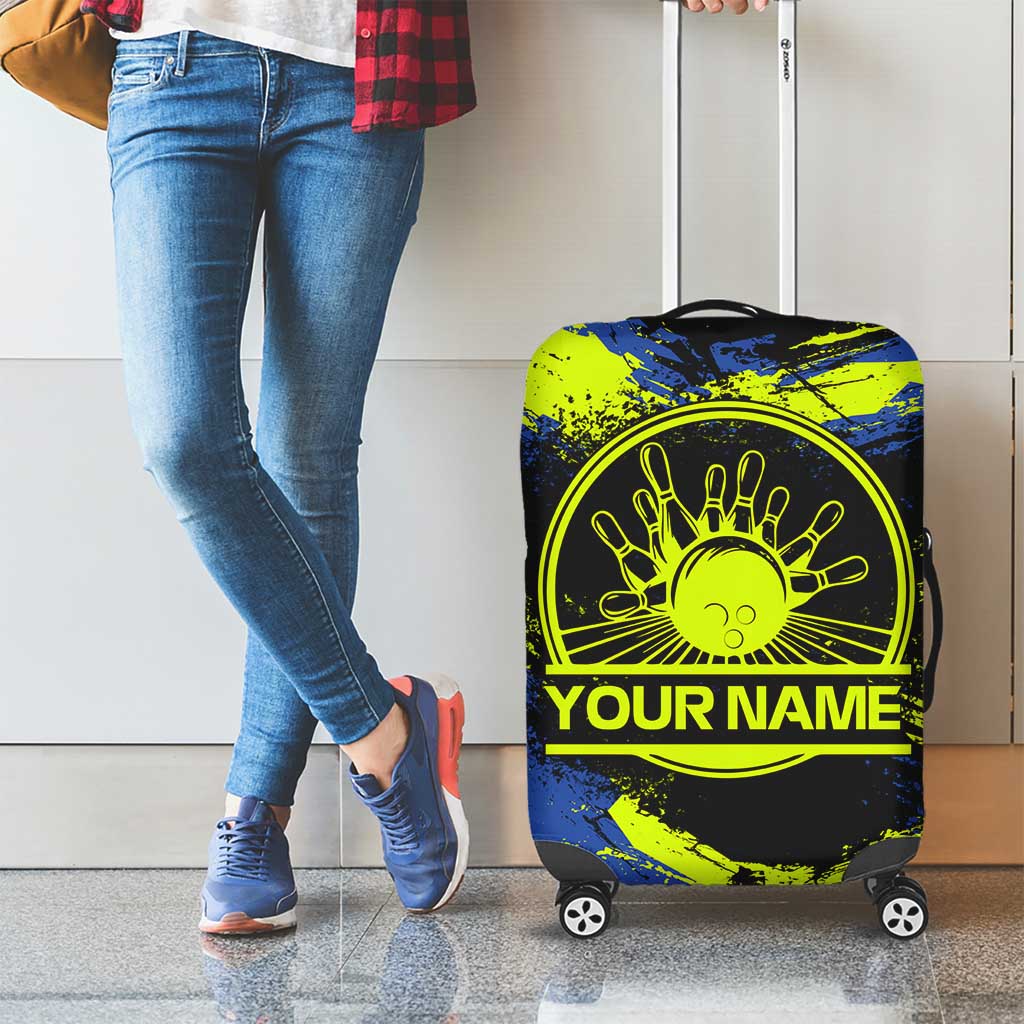 Abstract Blue and Yellow Bowling Ball Strike Design Luggage Cover with Custom Name Print TS04