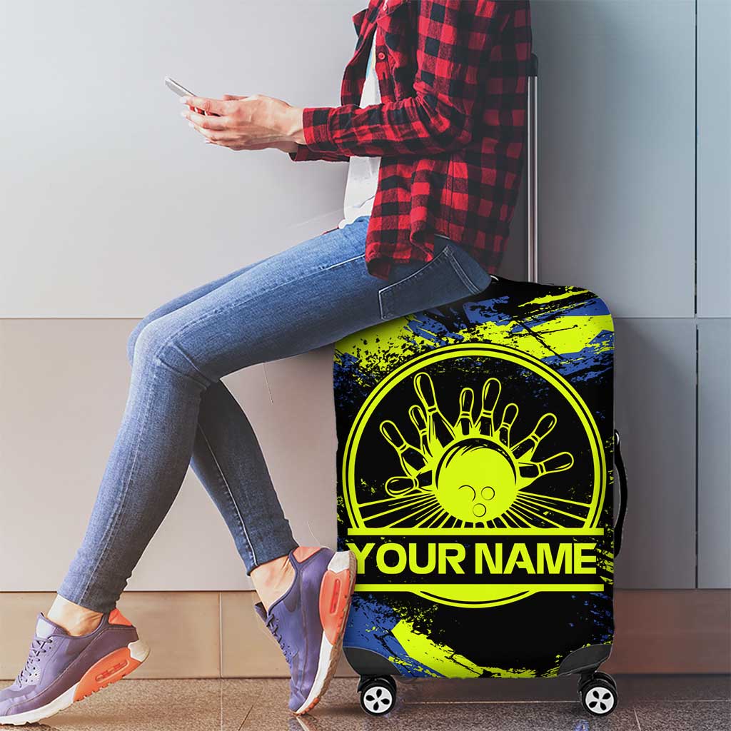Abstract Blue and Yellow Bowling Ball Strike Design Luggage Cover with Custom Name Print TS04